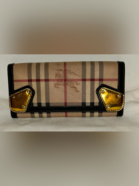 Burberry Handbags - Burberry Beige Plaid Wallet with Black Trim and Gold Accents